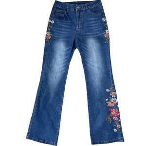 Embroidered Floral High Waisted Flare Jeans Women Size L Blue Faded Cottagecore